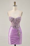 Lilac Strapless Corset Beaded Short Homecoming Dress with Sequins