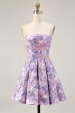 Lilac A Line Strapless Brocade Floral Mini Homecoming Dress