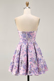 Lilac A Line Strapless Brocade Floral Mini Homecoming Dress