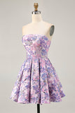 Lilac A Line Strapless Brocade Floral Mini Homecoming Dress