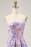 Lilac A Line Strapless Brocade Floral Mini Homecoming Dress