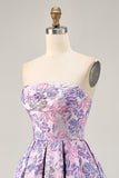 Lilac A Line Strapless Brocade Floral Mini Homecoming Dress