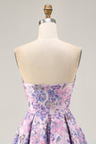 Lilac A Line Strapless Brocade Floral Mini Homecoming Dress