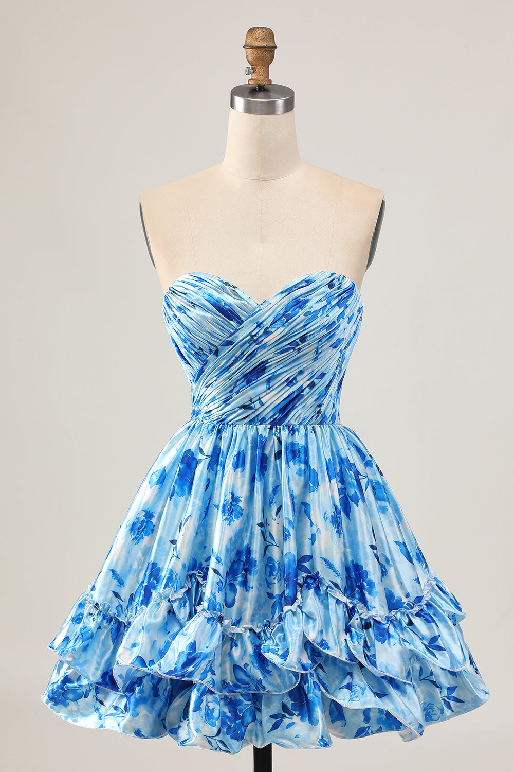 WEDTREND Women Blue Floral Homecoming Dress Strapless A Line Short Ruched Cocktail Party Dress WEDTREND Women Blue Floral Homecoming Dress Strapless A Line Short Ruched Cocktail Party Dress