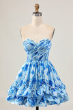 Blue Floral Strapless A Line Short Ruched Homecoming Dress