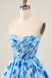 Blue Floral Strapless A Line Short Ruched Homecoming Dress