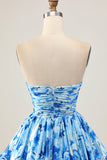 Blue Floral Strapless A Line Short Ruched Homecoming Dress
