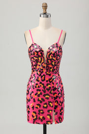 Leopard Sequins Fuchsia Spaghetti Straps Tight Homecoming Dress with Slit