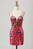Leopard Sequins Fuchsia Spaghetti Straps Tight Homecoming Dress with Slit