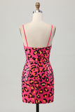 Leopard Sequins Fuchsia Spaghetti Straps Tight Homecoming Dress with Slit