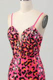 Leopard Sequins Fuchsia Spaghetti Straps Tight Homecoming Dress with Slit