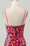 Leopard Sequins Fuchsia Spaghetti Straps Tight Homecoming Dress with Slit