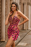 Leopard Sequins Fuchsia Short Tight Homecoming Dress with Slit