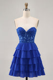 Strapless A-Line Tiered Corset Royal Blue Homecoming Dress with Beading