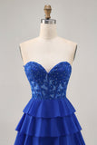 Strapless A-Line Tiered Corset Royal Blue Homecoming Dress with Beading