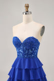 Strapless A-Line Tiered Corset Royal Blue Homecoming Dress with Beading
