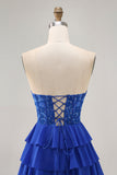 Strapless A-Line Tiered Corset Royal Blue Homecoming Dress with Beading