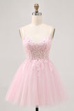 Sparkly Pink A Line Corset Tulle Short Homecoming Dress with Sequins