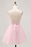 Sparkly Pink A Line Corset Tulle Short Homecoming Dress with Sequins