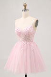 Sparkly Pink A Line Corset Tulle Short Homecoming Dress with Sequins