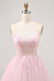 Sparkly Pink A Line Corset Tulle Short Homecoming Dress with Sequins