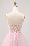 Sparkly Pink A Line Corset Tulle Short Homecoming Dress with Sequins