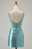 Sparkly Green Satin Bodycon Short Homecoming Dress with Beading