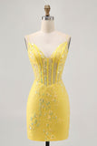 Yellow Spaghetti Straps Corset Tight Short Homecoming Dress with Sequins