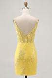 Yellow Spaghetti Straps Corset Tight Short Homecoming Dress with Sequins