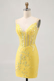 Yellow Spaghetti Straps Corset Tight Short Homecoming Dress with Sequins
