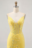Yellow Spaghetti Straps Corset Tight Short Homecoming Dress with Sequins