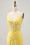 Yellow Spaghetti Straps Corset Tight Short Homecoming Dress with Sequins