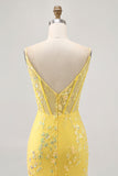 Yellow Spaghetti Straps Corset Tight Short Homecoming Dress with Sequins