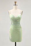 Matcha Spaghetti Straps Corset Tight Satin Homecoming Dress with Appliques