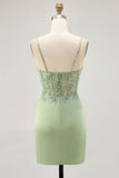 Matcha Spaghetti Straps Corset Tight Satin Homecoming Dress with Appliques
