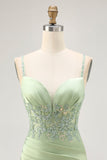 Matcha Spaghetti Straps Corset Tight Satin Homecoming Dress with Appliques