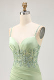 Matcha Spaghetti Straps Corset Tight Satin Homecoming Dress with Appliques