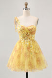 Yellow A Line One Shoulder Sequins Printed Short Homecoming Dress