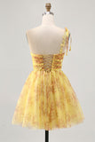 Yellow A Line One Shoulder Sequins Printed Short Homecoming Dress