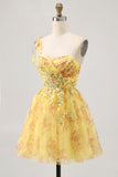 Yellow A Line One Shoulder Sequins Printed Short Homecoming Dress