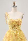 Yellow A Line One Shoulder Sequins Printed Short Homecoming Dress