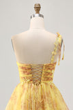 Yellow A Line One Shoulder Sequins Printed Short Homecoming Dress