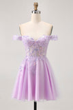 Lilac A-Line Off The Shoulder Corset Sequins Short Homecoming Dress with Appliques
