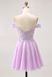 Lilac A-Line Off The Shoulder Corset Sequins Short Homecoming Dress with Appliques