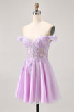 Lilac A-Line Off The Shoulder Corset Sequins Short Homecoming Dress with Appliques