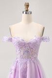 Lilac A-Line Off The Shoulder Corset Sequins Short Homecoming Dress with Appliques