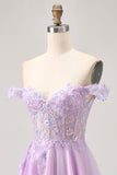 Lilac A-Line Off The Shoulder Corset Sequins Short Homecoming Dress with Appliques