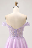 Lilac A-Line Off The Shoulder Corset Sequins Short Homecoming Dress with Appliques