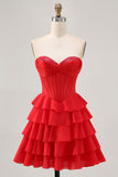 Red A Line Strapless Tiered Corset Short Homecoming Dress