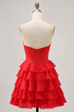Red A Line Strapless Tiered Corset Short Homecoming Dress